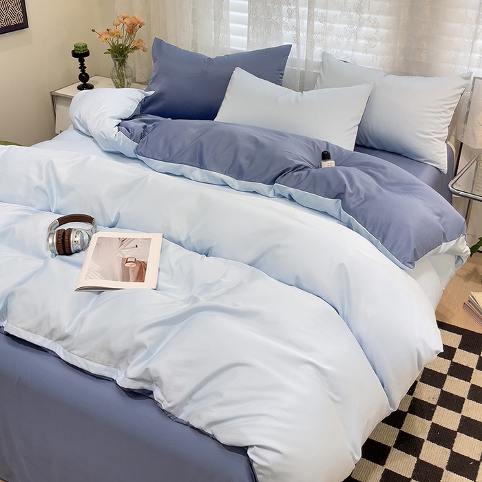 91家纺网 家纺一手货源 找家纺 维娜斯家纺 2024新款水洗冰丝轻奢款纯色拼色系列四件套 海青+牛仔蓝