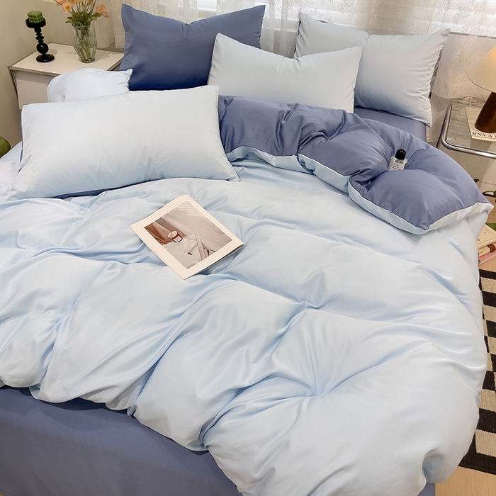 91家纺网 家纺一手货源 找家纺 维娜斯家纺 2024新款水洗冰丝轻奢款纯色拼色系列四件套 海青+牛仔蓝