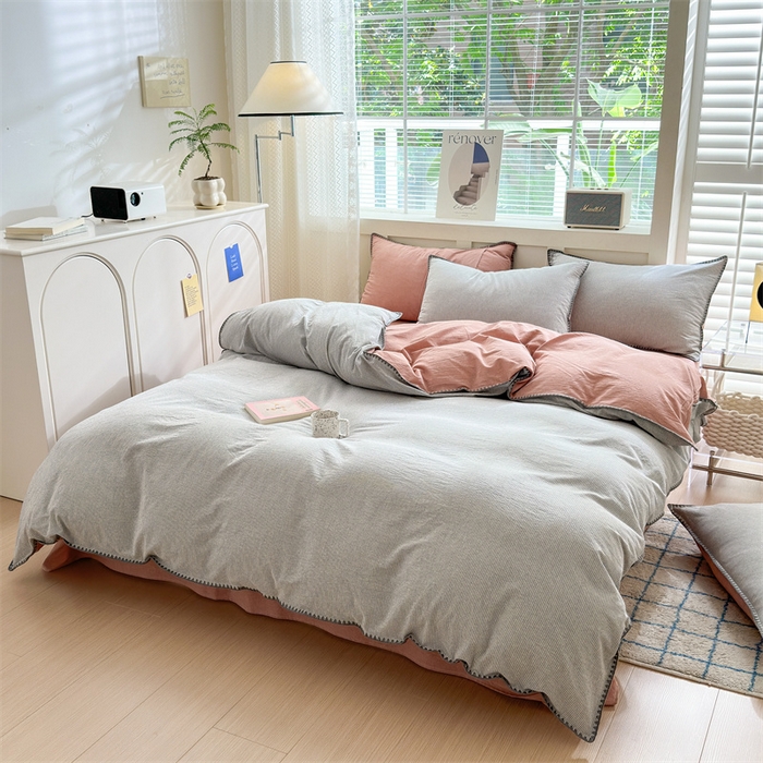 91家纺网 家纺一手货源 找家纺 宜家坊 2024新款A类全棉色织水洗棉贝壳边绣三角针工艺四件套可定制 时光-灰豆沙