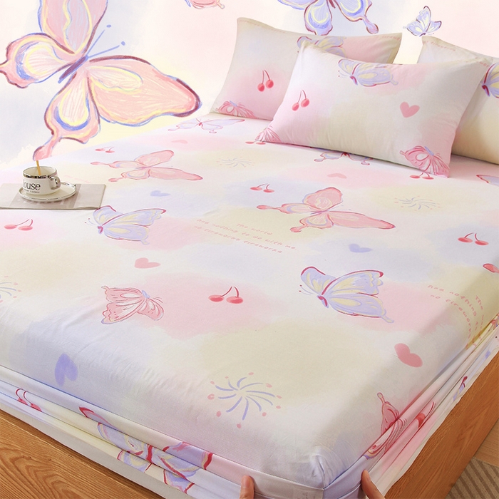 91家纺网 家纺一手货源 找家纺 金鑫汇家纺 2024新款全棉印花单床笠 彩蝶飞舞