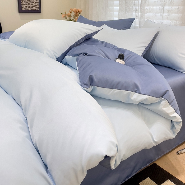 91家纺网 家纺一手货源 找家纺 维娜斯家纺 2024新款水洗冰丝轻奢款纯色拼色系列四件套 海青+牛仔蓝