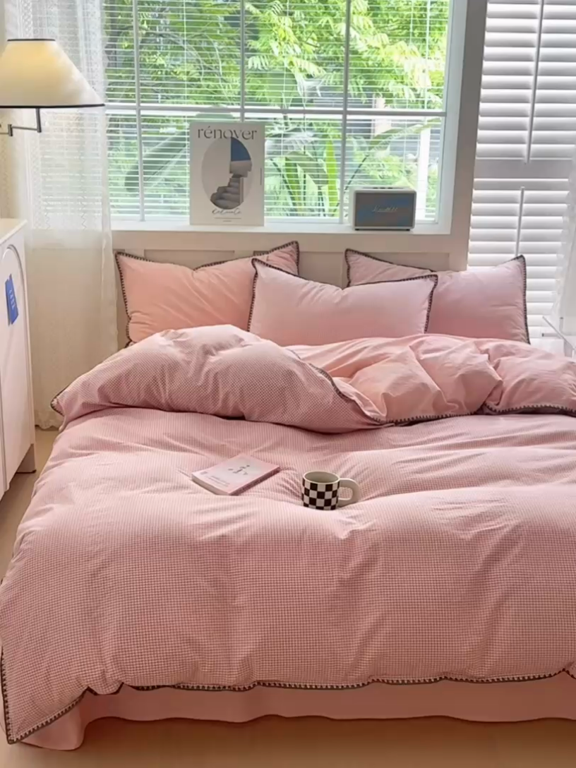 91家纺网 家纺一手货源 找家纺 宜家坊 2024新款A类全棉色织水洗棉贝壳边绣三角针工艺四件套可定制 遇见-蜜粉