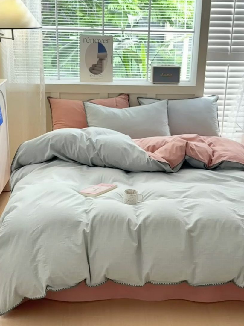 91家纺网 家纺一手货源 找家纺 宜家坊 2024新款A类全棉色织水洗棉贝壳边绣三角针工艺四件套可定制 星语-绿豆沙