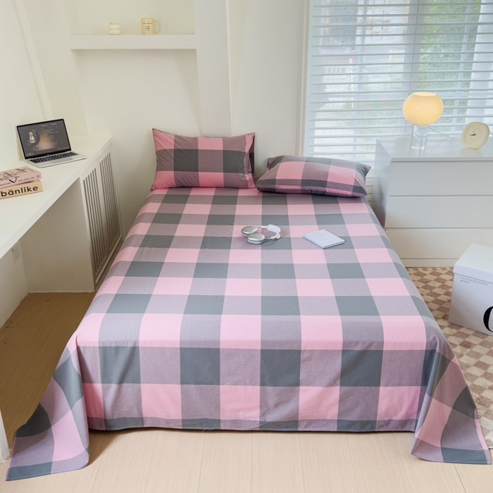 91家纺网 家纺一手货源 找家纺 金丝鸟家纺 2024新款A类全棉色织水洗棉单床单系列 粉大格