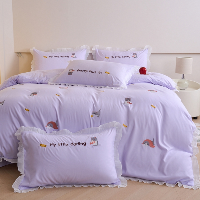 91家纺网 家纺一手货源 找家纺 梧桐家居 2024新款全棉磨毛刺绣四件套-糖果小猫 糖果小猫-紫