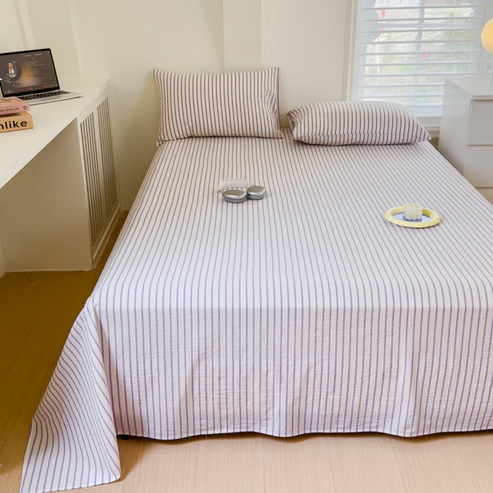 91家纺网 家纺一手货源 找家纺 金丝鸟家纺 2024新款A类全棉色织水洗棉单床单系列 烟紫中条