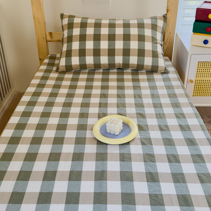 91家纺网 家纺一手货源 找家纺 金丝鸟家纺 2024新款A类全棉色织水洗棉单床笠系列（学生床） 绿中格