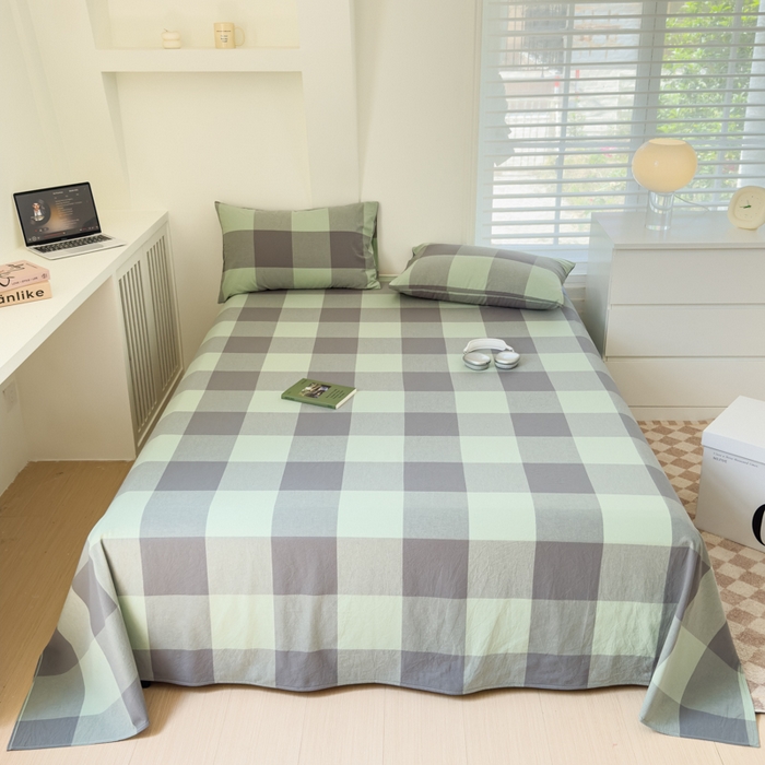 91家纺网 家纺一手货源 找家纺 金丝鸟家纺 2024新款A类全棉色织水洗棉单床单系列 绿大格