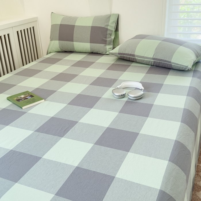 91家纺网 家纺一手货源 找家纺 金丝鸟家纺 2024新款A类全棉色织水洗棉单床单系列 绿大格