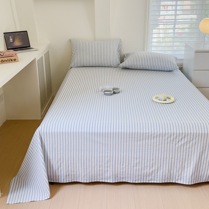 91家纺网 家纺一手货源 找家纺 金丝鸟家纺 2024新款A类全棉色织水洗棉单床单系列 蓝色中条