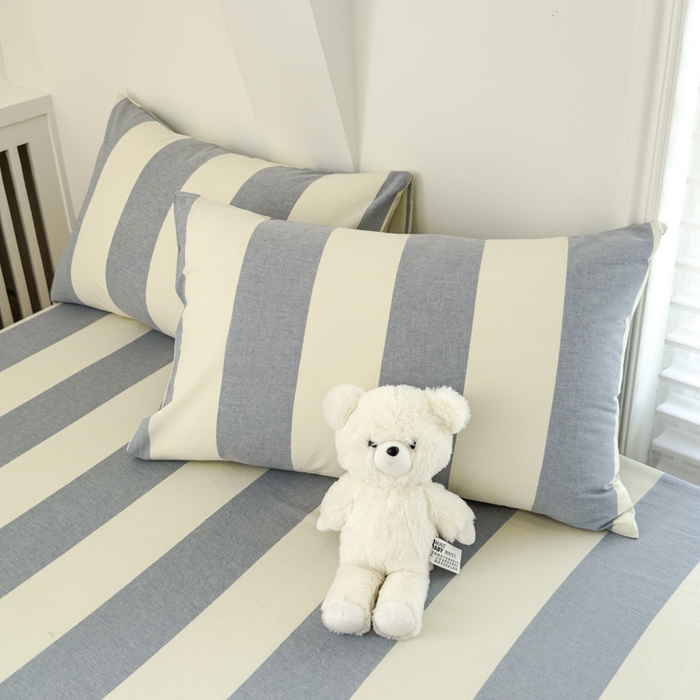 91家纺网 家纺一手货源 找家纺 金丝鸟家纺 2024新款A类全棉色织水洗棉床笠系列 蓝灰大竖条