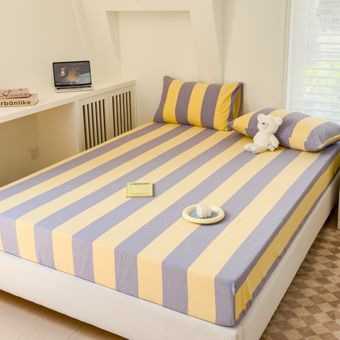 91家纺网 家纺一手货源 找家纺 金丝鸟家纺 2024新款A类全棉色织水洗棉床笠系列 黄紫大竖条