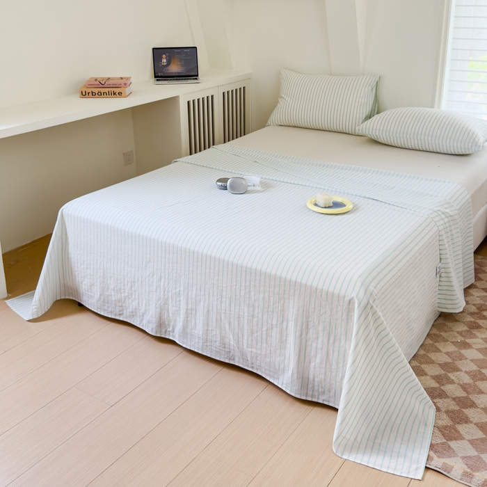 91家纺网 家纺一手货源 找家纺 金丝鸟家纺 2024新款A类全棉色织水洗棉单床单系列 浅绿中条