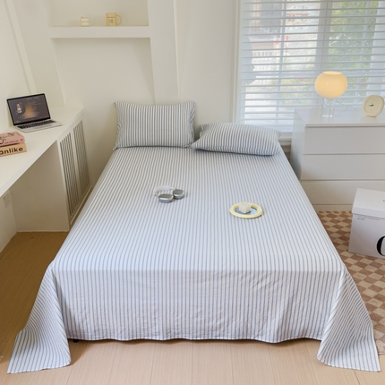 金丝鸟家纺 2024新款A类全棉色织水洗棉单床单系列 蓝色中条