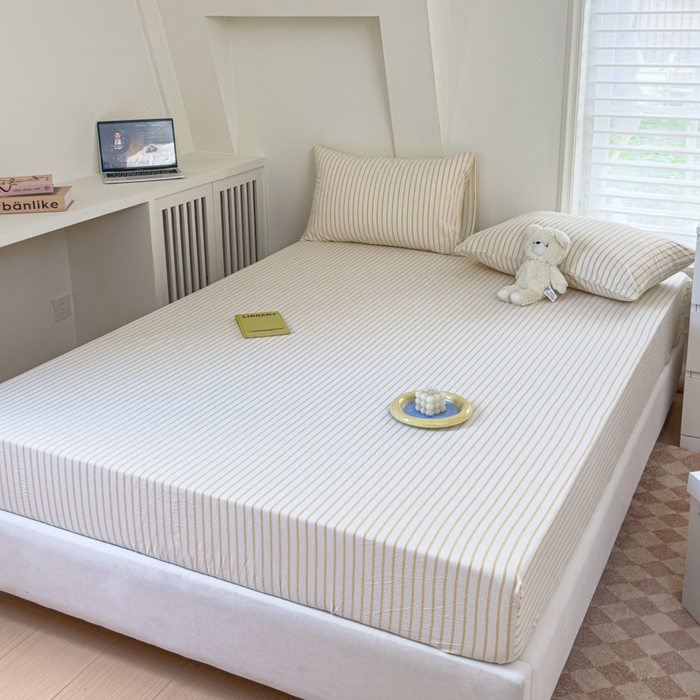 91家纺网 家纺一手货源 找家纺 金丝鸟家纺 2024新款A类全棉色织水洗棉床笠系列 黄色中条