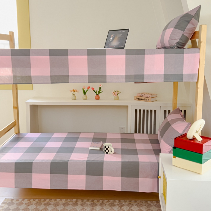 91家纺网 家纺一手货源 找家纺 金丝鸟家纺 2024新款A类全棉色织水洗棉单床单系列（学生床） 粉大格