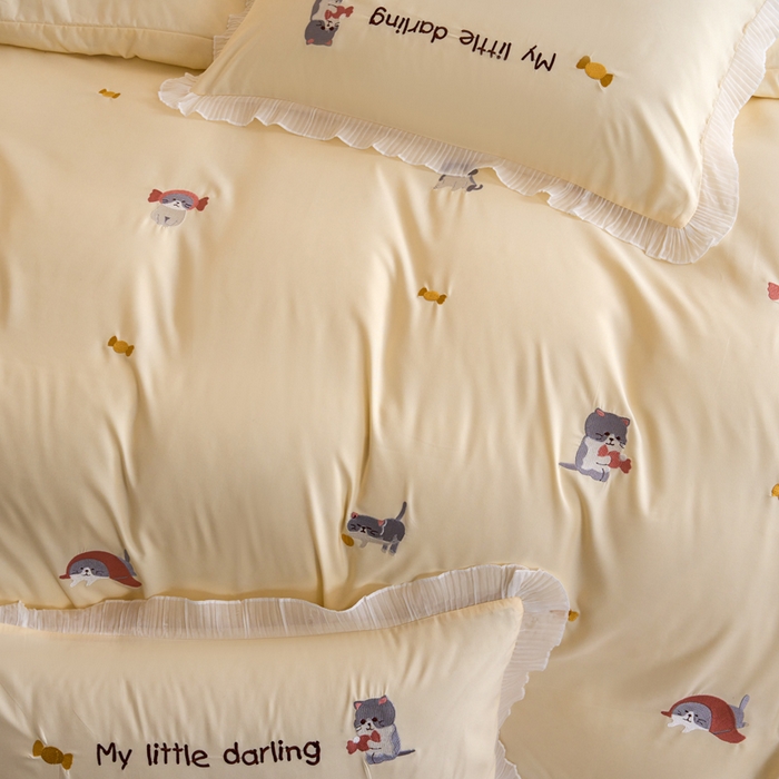 91家纺网 家纺一手货源 找家纺 梧桐家居 2024新款全棉磨毛刺绣四件套-糖果小猫 糖果小猫-黄