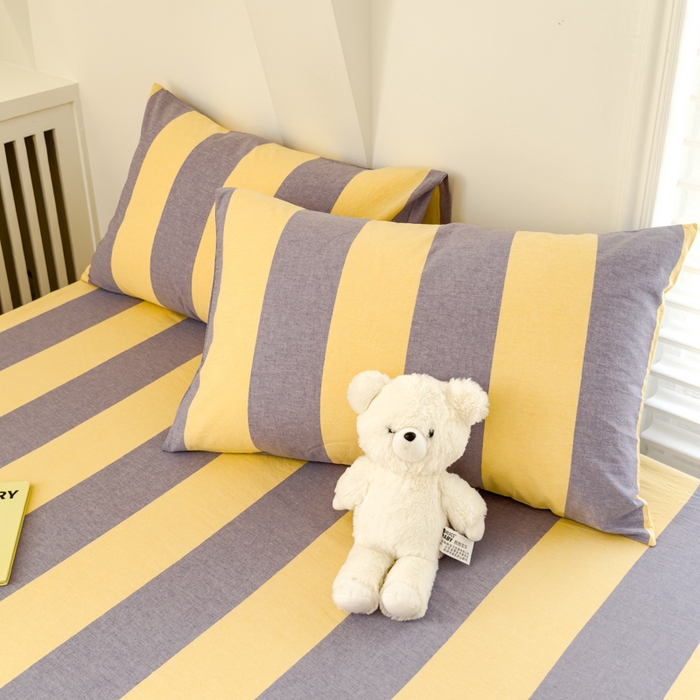 91家纺网 家纺一手货源 找家纺 金丝鸟家纺 2024新款A类全棉色织水洗棉床笠系列 黄紫大竖条