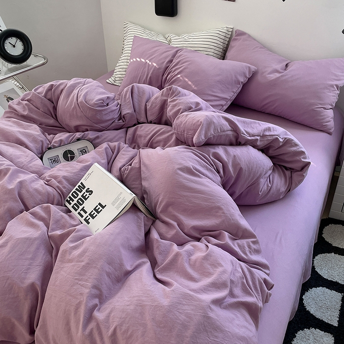 91家纺网 家纺一手货源 找家纺 卡迪熊家纺 2024新款ins风超柔褶皱亲肤磨毛水洗m四件套纯色系列-风格2 芋泥紫