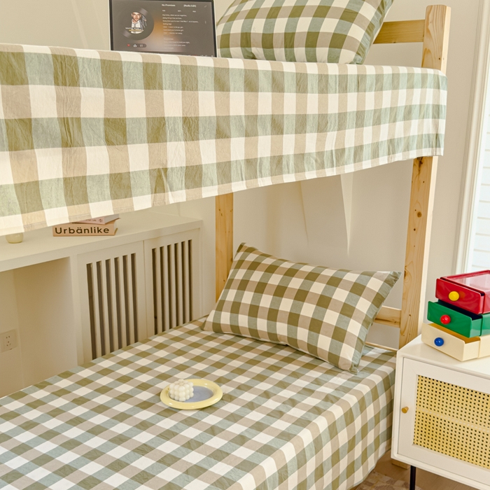 91家纺网 家纺一手货源 找家纺 金丝鸟家纺 2024新款A类全棉色织水洗棉单床单系列（学生床） 绿中格