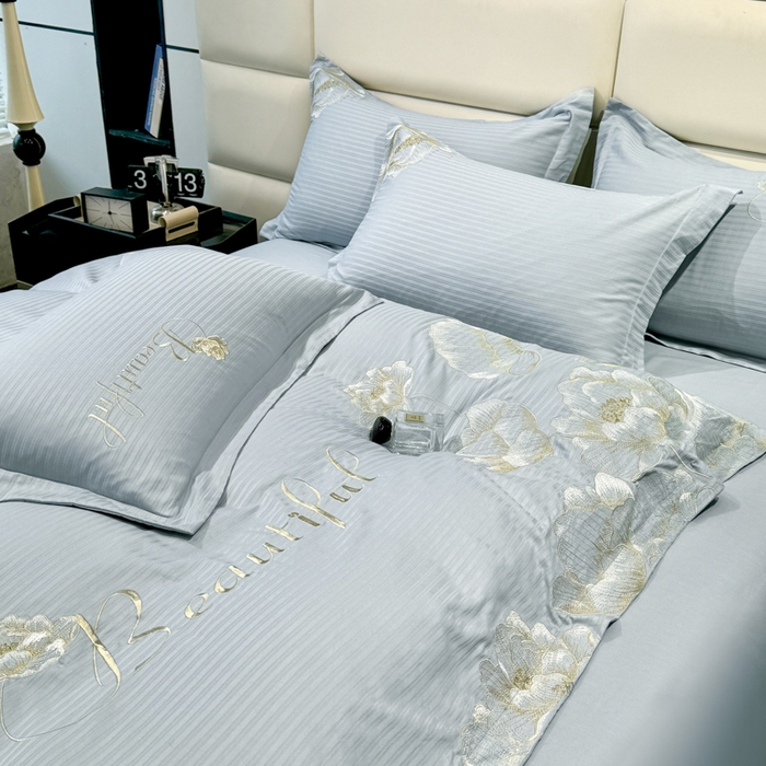 91家纺网 家纺一手货源 找家纺 梧桐家居 2024新款全棉四件套-银杏系列 银杏-天空蓝