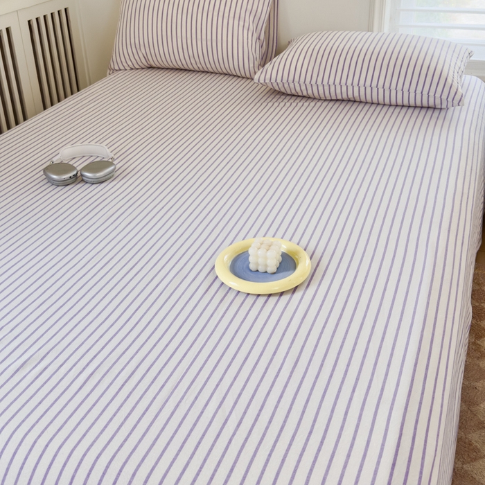 91家纺网 家纺一手货源 找家纺 金丝鸟家纺 2024新款A类全棉色织水洗棉单床单系列 烟紫中条