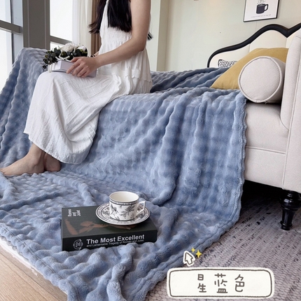 兜米家居 2024新款纯色仿兔毛泡泡毛毯牛奶绒毛毯午睡毯 星蓝色