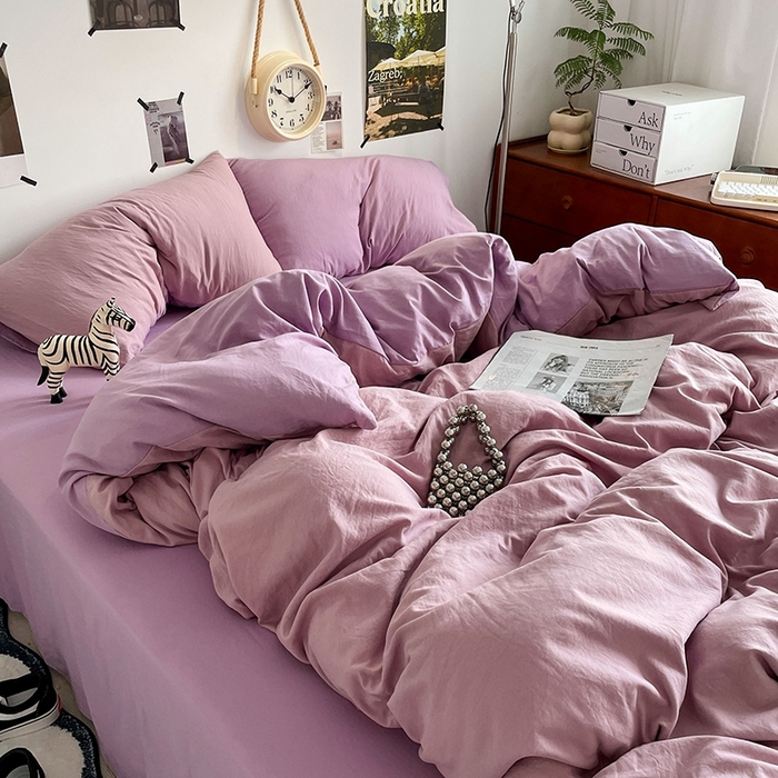 91家纺网 家纺一手货源 找家纺 卡迪熊家纺 2024新款ins风超柔褶皱亲肤磨毛水洗m四件套双拼系列-风格2 深紫浅紫