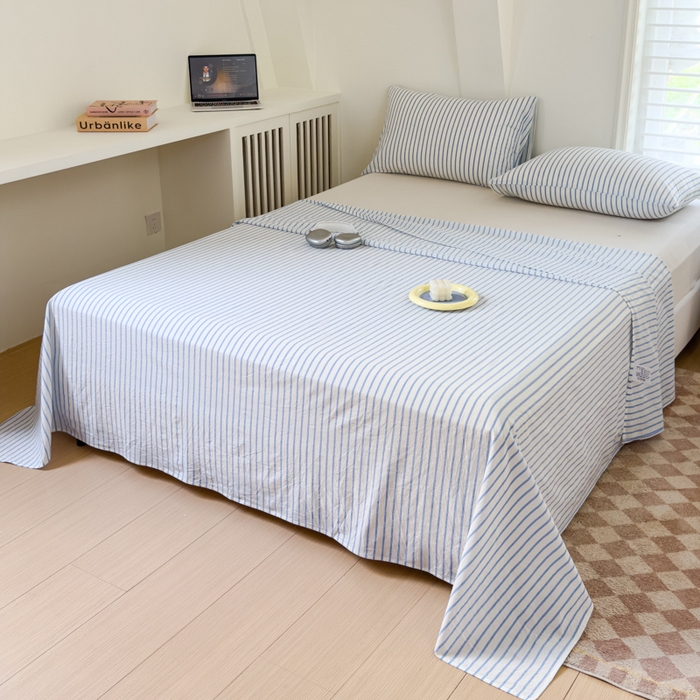 91家纺网 家纺一手货源 找家纺 金丝鸟家纺 2024新款A类全棉色织水洗棉单床单系列 蓝色中条