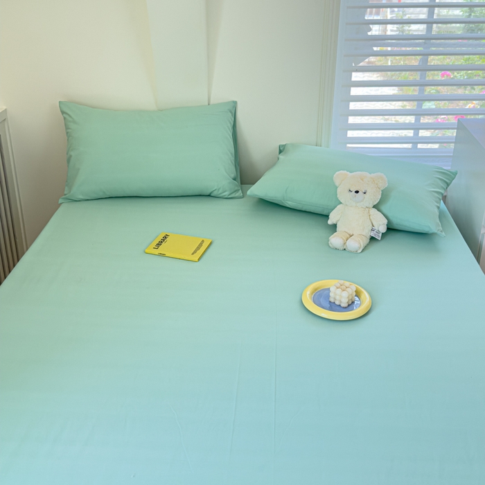 91家纺网 家纺一手货源 找家纺 金丝鸟家纺 2024新款A类全棉色织水洗棉床笠系列 果绿