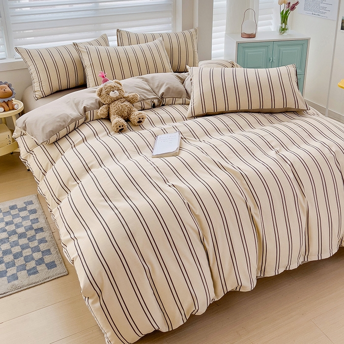 91家纺网 家纺一手货源 找家纺  赫然 2026新款水洗双层纱四件套 浅咖竖条