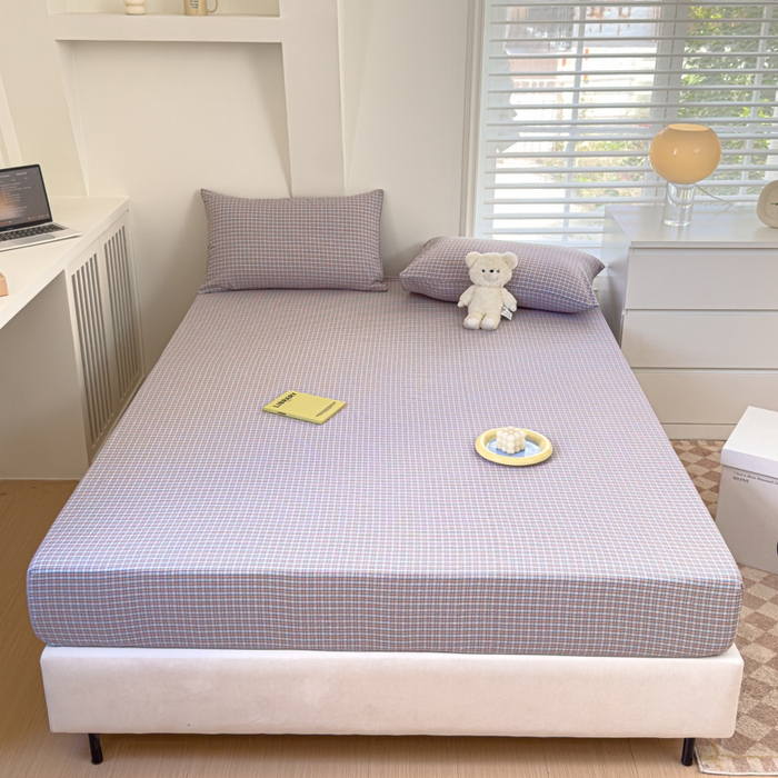 91家纺网 家纺一手货源 找家纺 金丝鸟家纺 2024新款A类全棉色织水洗棉床笠系列 蓝红田格