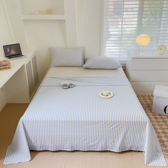 91家纺网 家纺一手货源 找家纺 金丝鸟家纺 2024新款A类全棉色织水洗棉单床单系列 蓝色中条