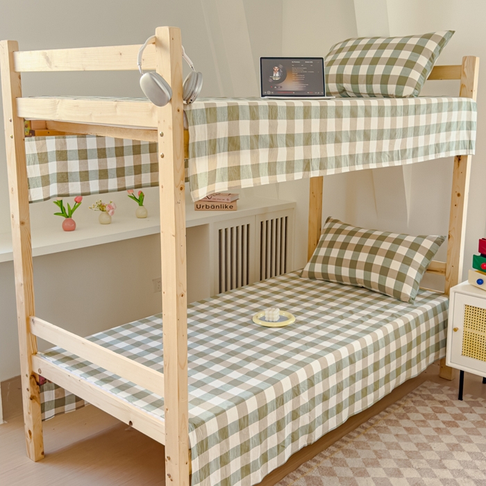 91家纺网 家纺一手货源 找家纺 金丝鸟家纺 2024新款A类全棉色织水洗棉单床单系列（学生床） 绿中格