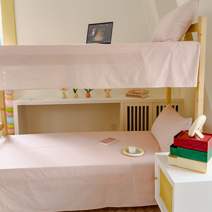 91家纺网 家纺一手货源 找家纺 金丝鸟家纺 2024新款A类全棉色织水洗棉单床单系列（学生床） 粉细条