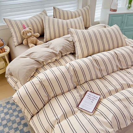 赫然 2026新款水洗双层纱四件套 浅咖竖条