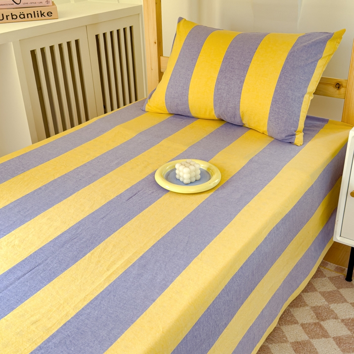 91家纺网 家纺一手货源 找家纺 金丝鸟家纺 2024新款A类全棉色织水洗棉单床单系列（学生床） 黄紫大竖条