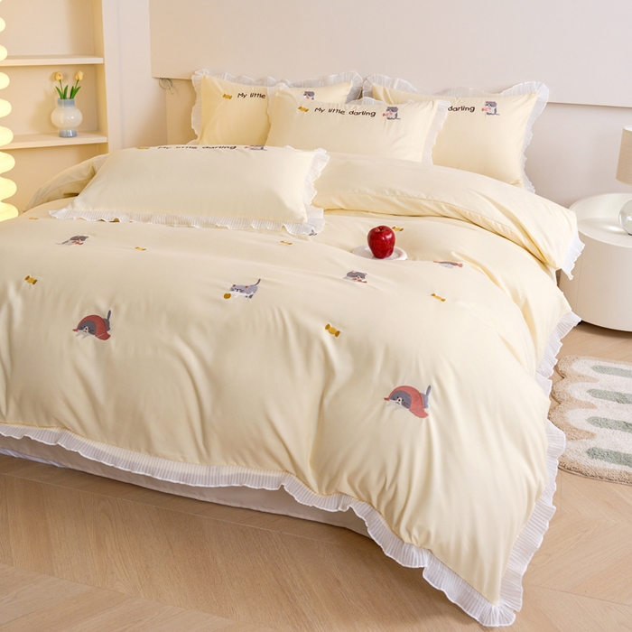 91家纺网 家纺一手货源 找家纺 梧桐家居 2024新款全棉磨毛刺绣四件套-糖果小猫 糖果小猫-黄