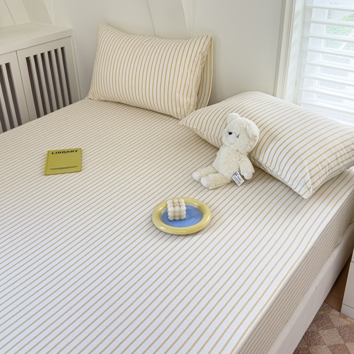 91家纺网 家纺一手货源 找家纺 金丝鸟家纺 2024新款A类全棉色织水洗棉床笠系列 黄色中条