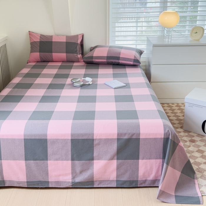 91家纺网 家纺一手货源 找家纺 金丝鸟家纺 2024新款A类全棉色织水洗棉单床单系列 粉大格