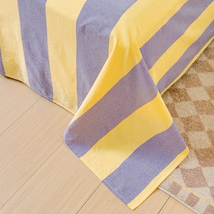 91家纺网 家纺一手货源 找家纺 金丝鸟家纺 2024新款A类全棉色织水洗棉单床单系列 黄紫大竖条