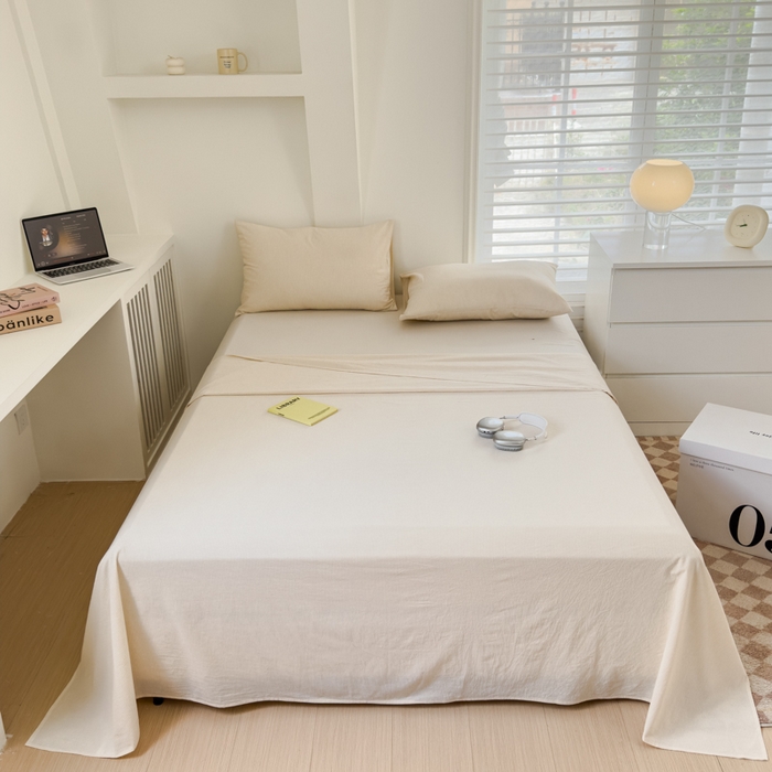 91家纺网 家纺一手货源 找家纺 金丝鸟家纺 2024新款A类全棉色织水洗棉单床单系列 米白细条