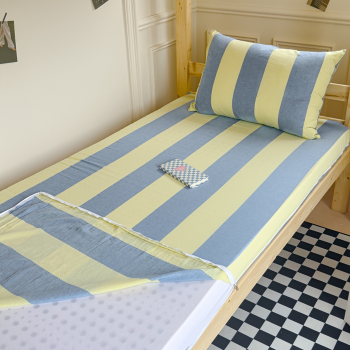 91家纺网 家纺一手货源 找家纺 金丝鸟家纺 2024新款全棉色织水洗棉水晶绒床垫套 黄蓝中条