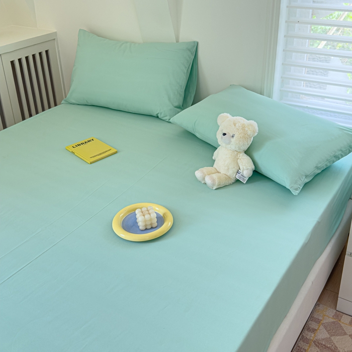 91家纺网 家纺一手货源 找家纺 金丝鸟家纺 2024新款A类全棉色织水洗棉床笠系列 果绿