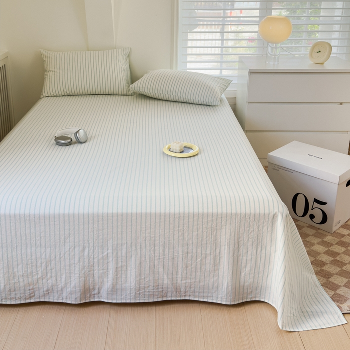 91家纺网 家纺一手货源 找家纺 金丝鸟家纺 2024新款A类全棉色织水洗棉单床单系列 浅绿中条