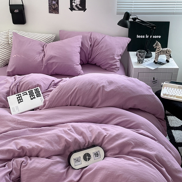 91家纺网 家纺一手货源 找家纺 卡迪熊家纺 2024新款ins风超柔褶皱亲肤磨毛水洗m四件套纯色系列-风格2 芋泥紫