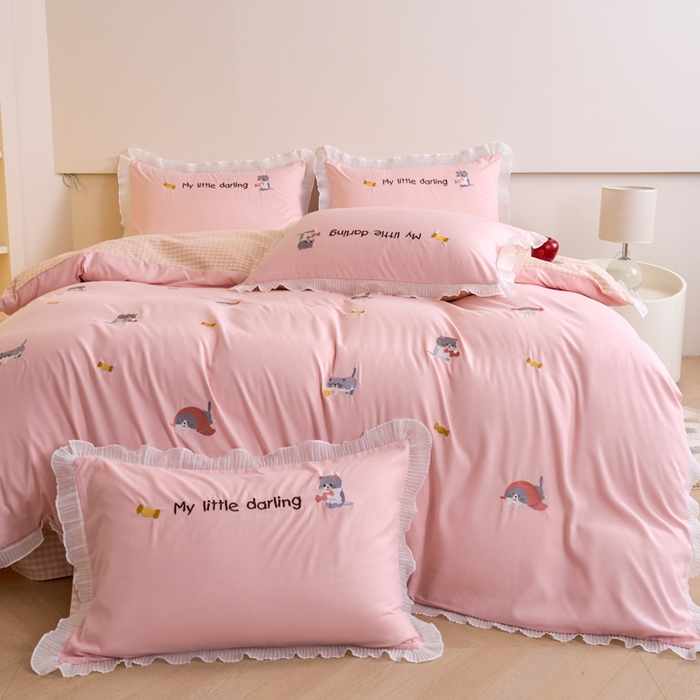 91家纺网 家纺一手货源 找家纺 梧桐家居 2024新款全棉磨毛刺绣四件套-糖果小猫 糖果小猫-粉