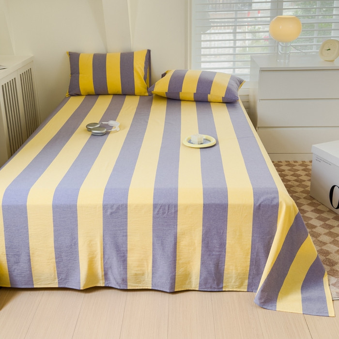 91家纺网 家纺一手货源 找家纺 金丝鸟家纺 2024新款A类全棉色织水洗棉单床单系列 黄紫大竖条