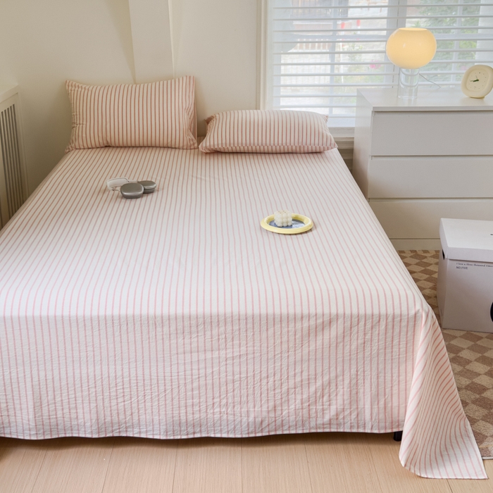 91家纺网 家纺一手货源 找家纺 金丝鸟家纺 2024新款A类全棉色织水洗棉单床单系列 桃粉中条