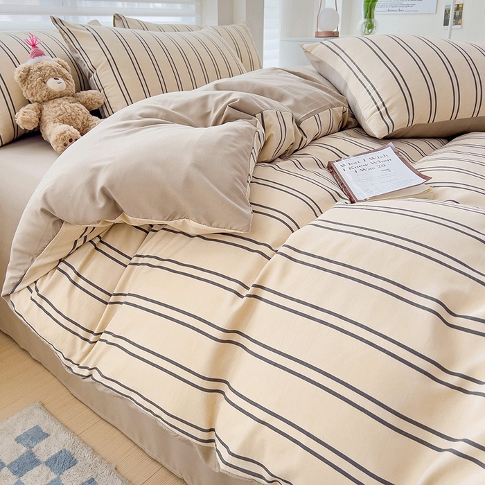 91家纺网 家纺一手货源 找家纺  赫然 2026新款水洗双层纱单品被套 浅咖竖条